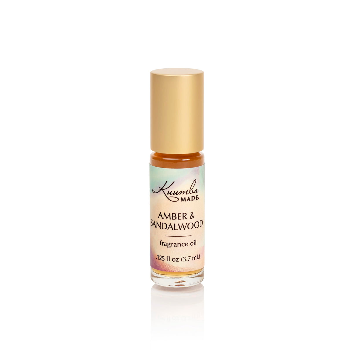 Kuumba Made front bottle view showing amber sandalwood label and elegant packaging benefit: easy identification