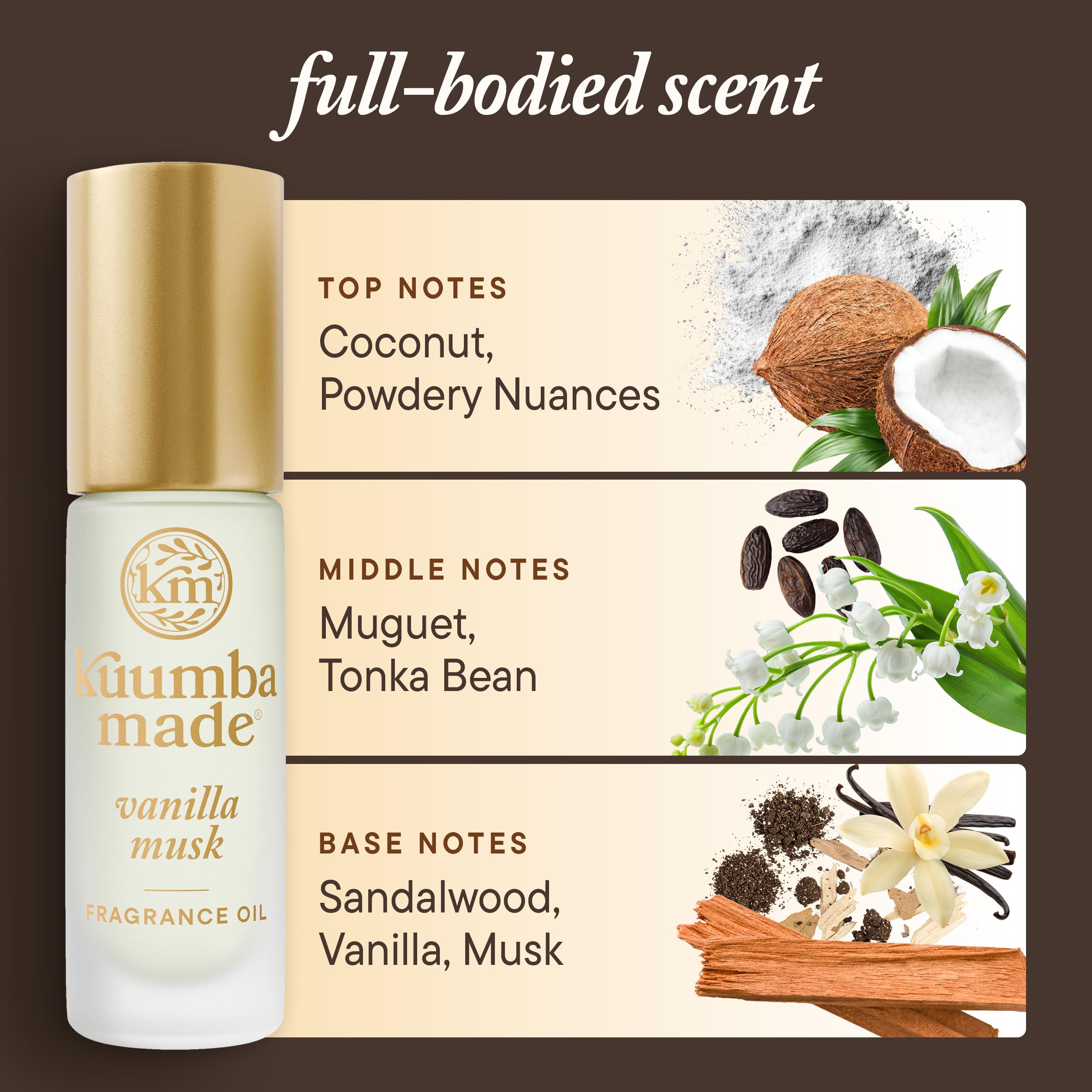 Kuumba Made label close-up listing vanilla musk notes and vegan formulation