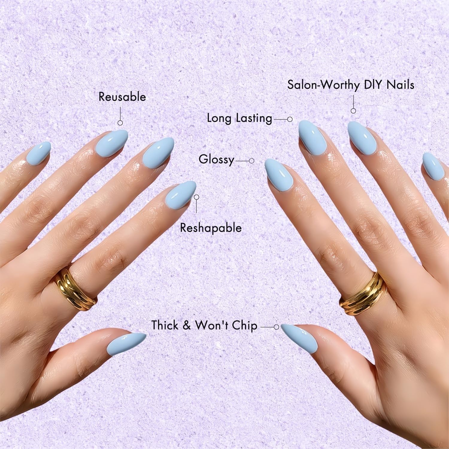 KXAMELIE glue, gel pads and cuticle tool displayed for easy application