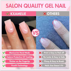 KXAMELIE glue application with press-on nail showing secure bond for extended wear