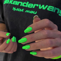 KXAMELIE front packaging neon green coffin nails showcasing bold color and quick application