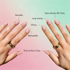 KXAMELIE nails on hand wearing short almond style showing comfortable daily use benefit