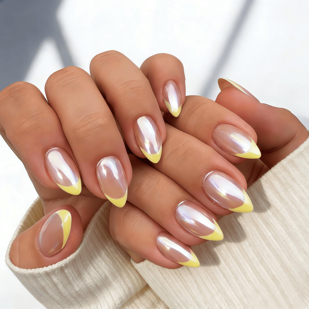 KXAMELIE short almond nails on hands demonstrating natural look