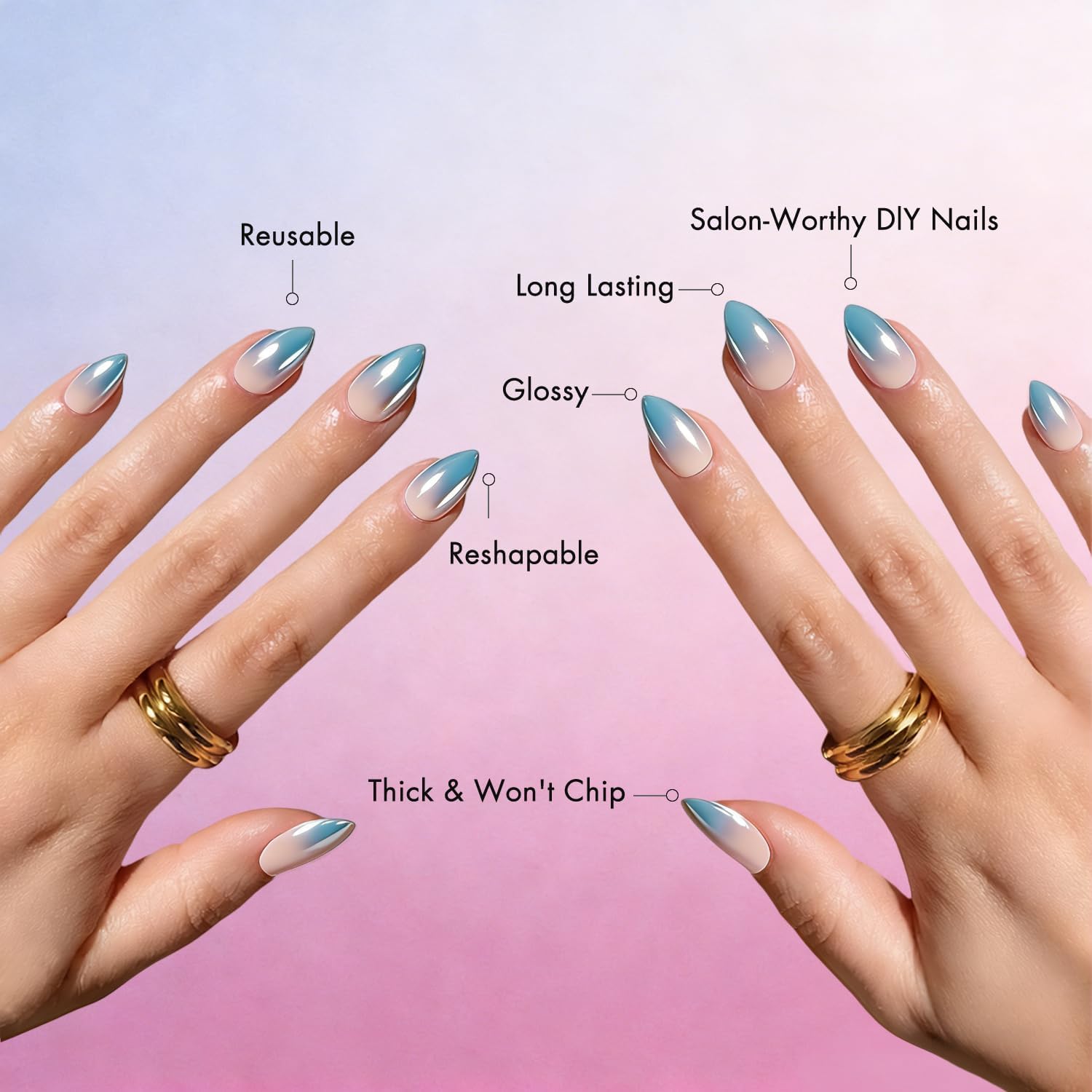 KXAMELIE single short almond nail on finger showing true-to-scale fit and natural appearance