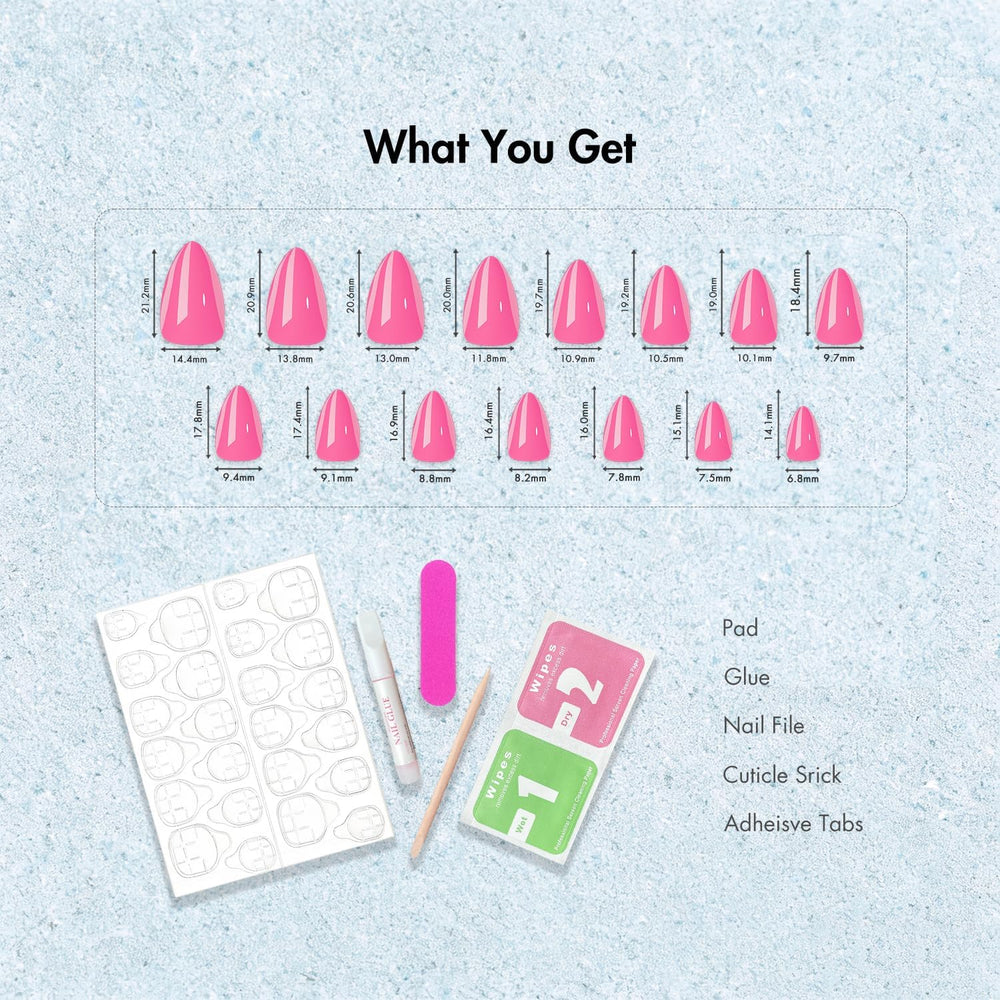 KXAMELIE size comparison chart showing multiple nail widths for perfect fit