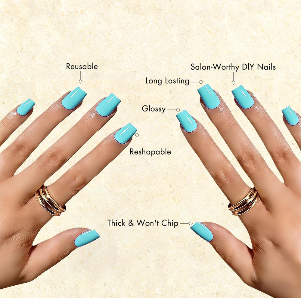 KXAMELIE spread of 28 nails with glue and tools showing complete at-home manicure kit