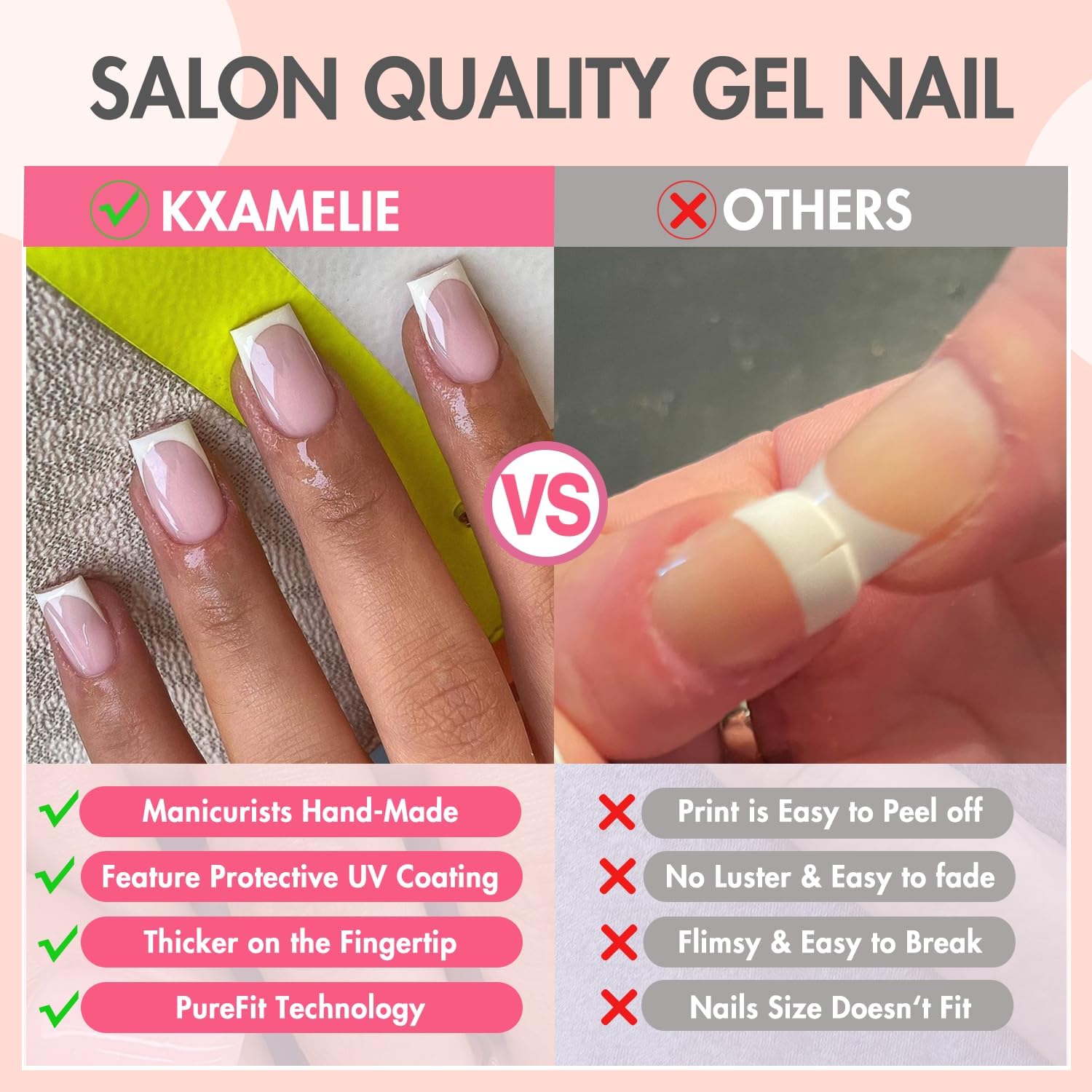 KXAMELIE worn on hands in short coffin shape demonstrating natural look benefit
