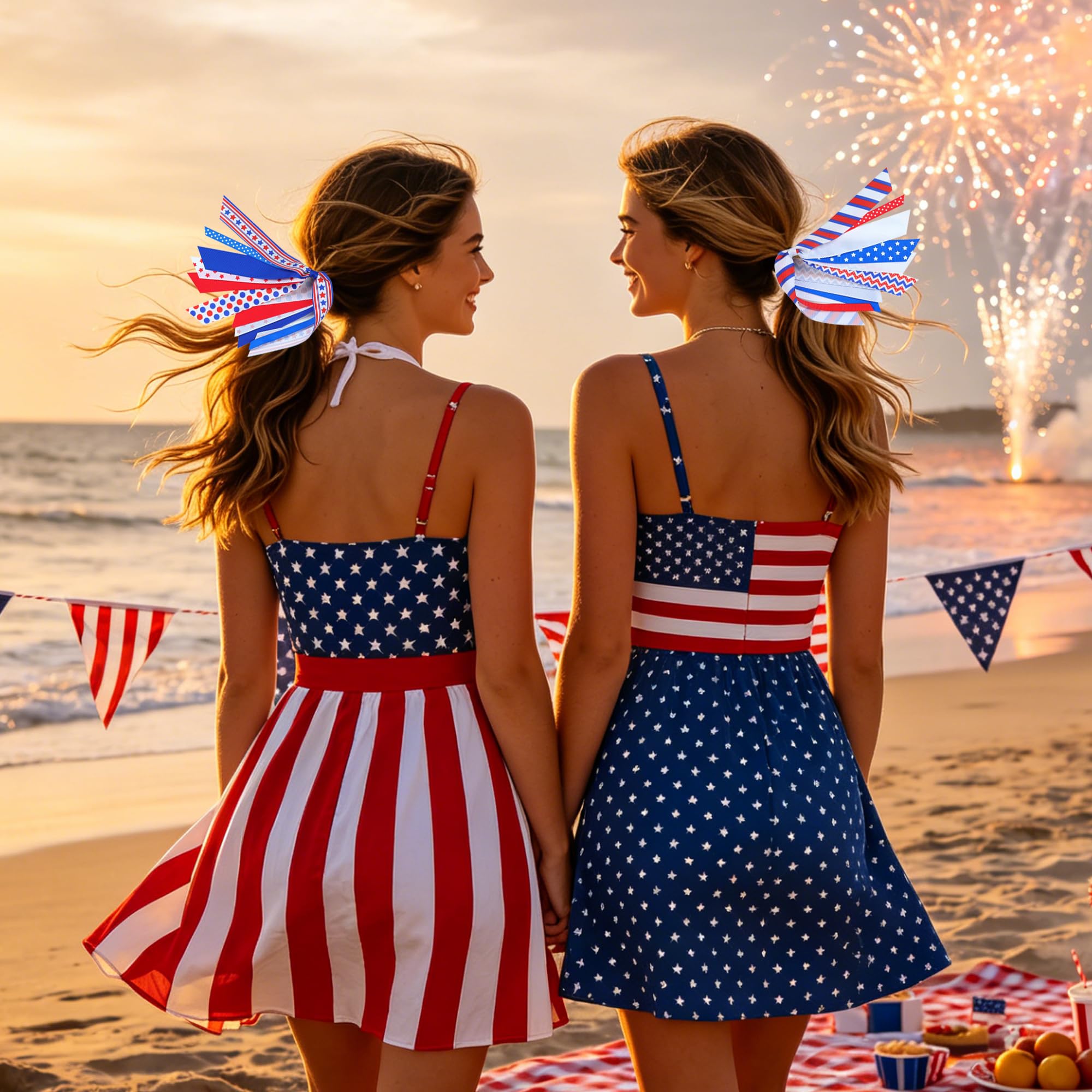 Kxepoc worn in ponytail on model demonstrating secure hold and stylish patriotic look