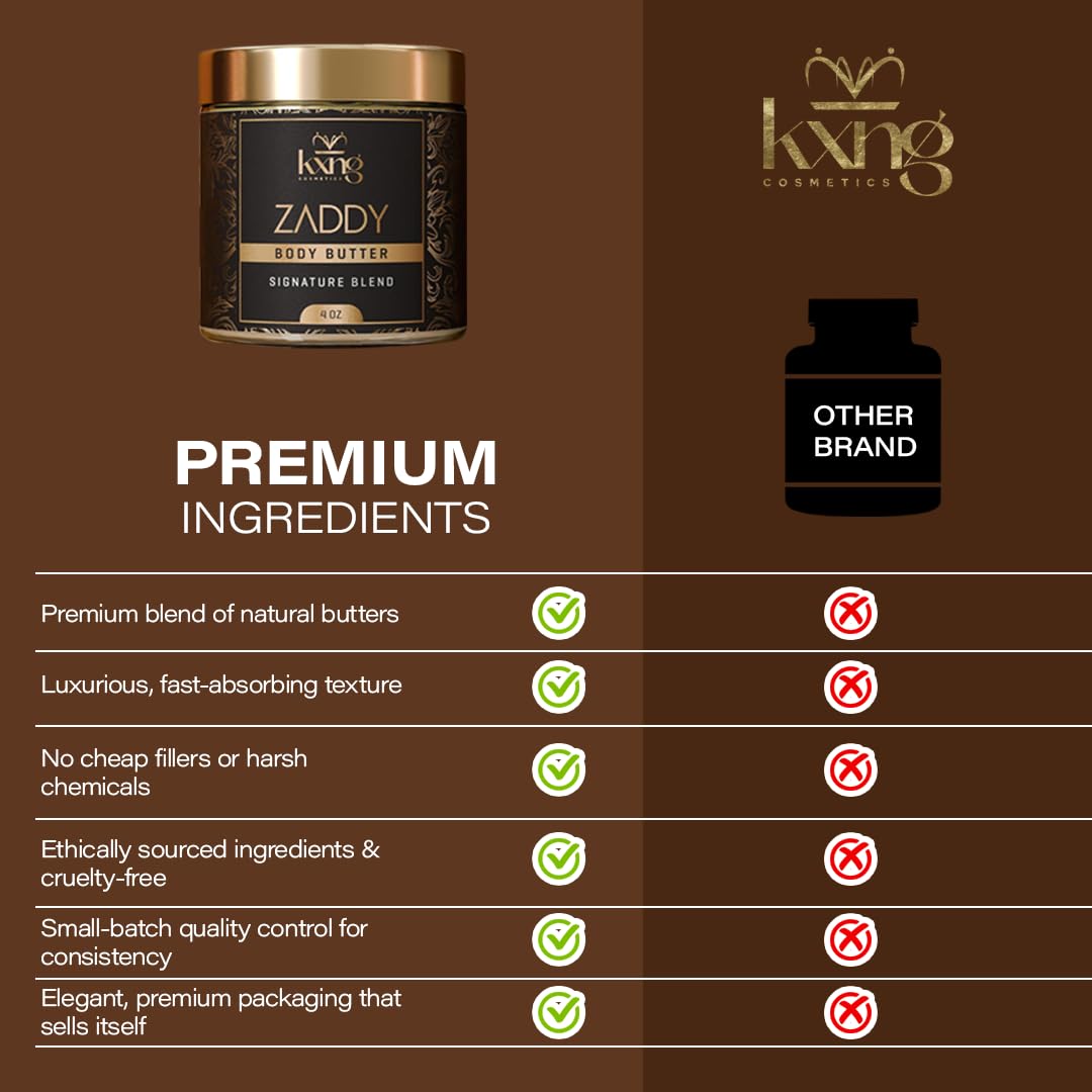 KXNG Cosmetics arranged natural oils and butters showing organic ingredients for skin health