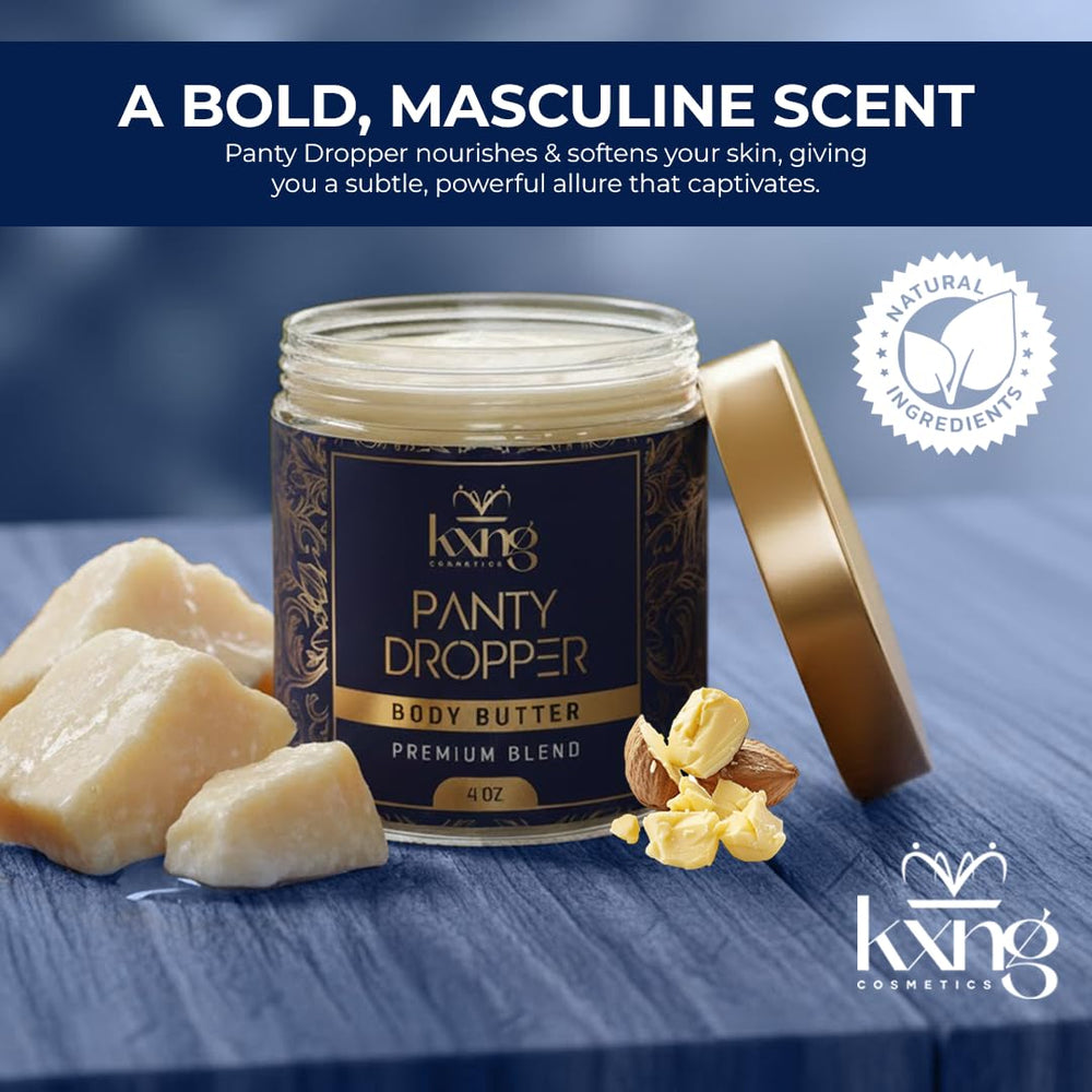 KXNG Cosmetics ingredients display shea cocoa mango for nourishing benefits