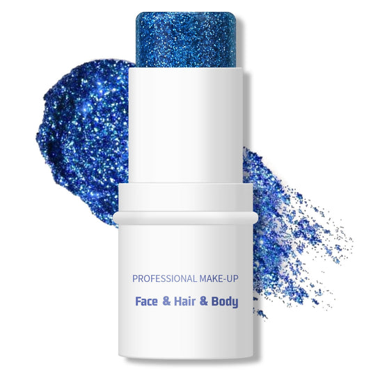 KYDA blue glitter stick front view showing twist-up design and easy application