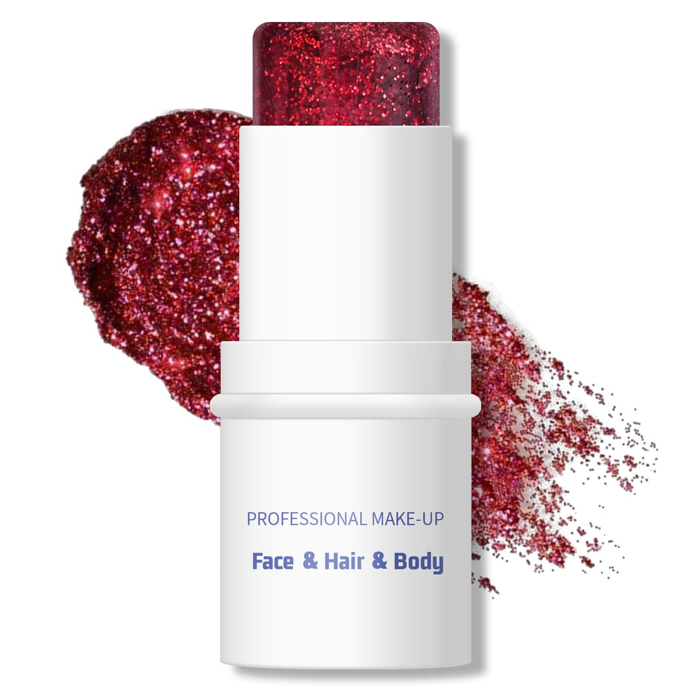 KYDA body glitter stick front view showing red holographic sparkle and compact tube for travel