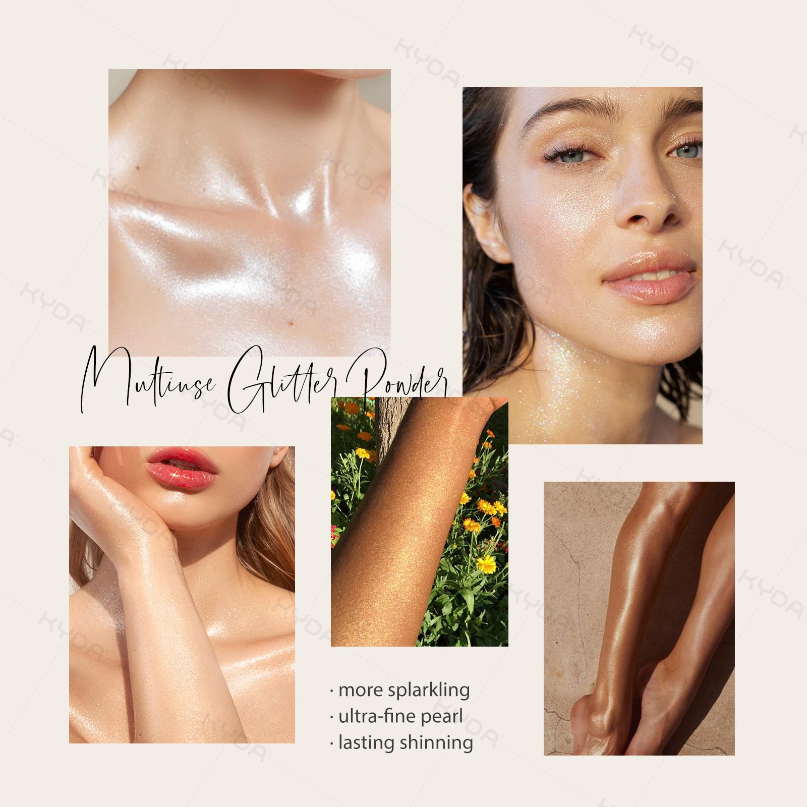 KYDA wrist application showing on‑skin shimmer and easy blending benefit