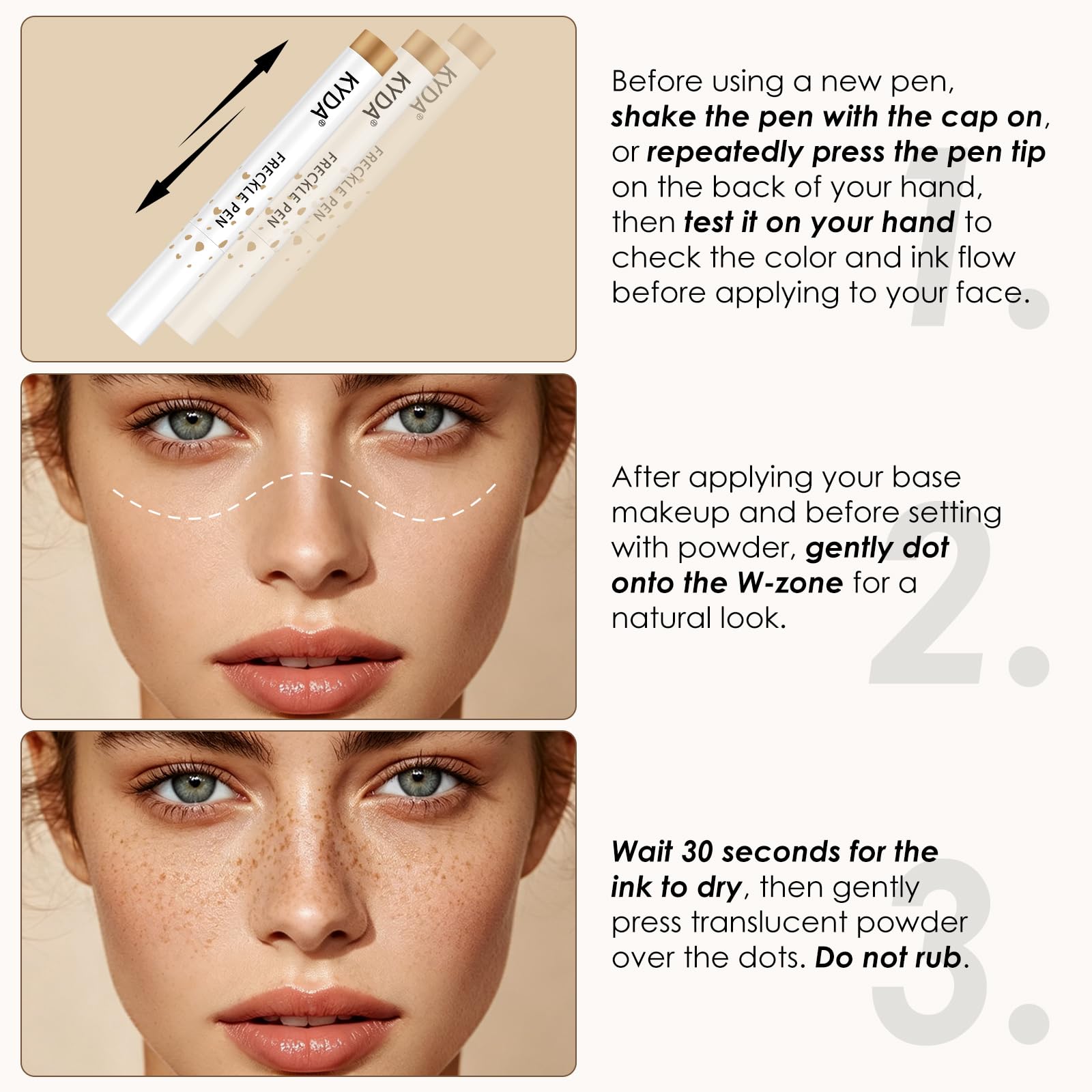 KYDA freckle pen applied on cheek for sun-kissed natural finish