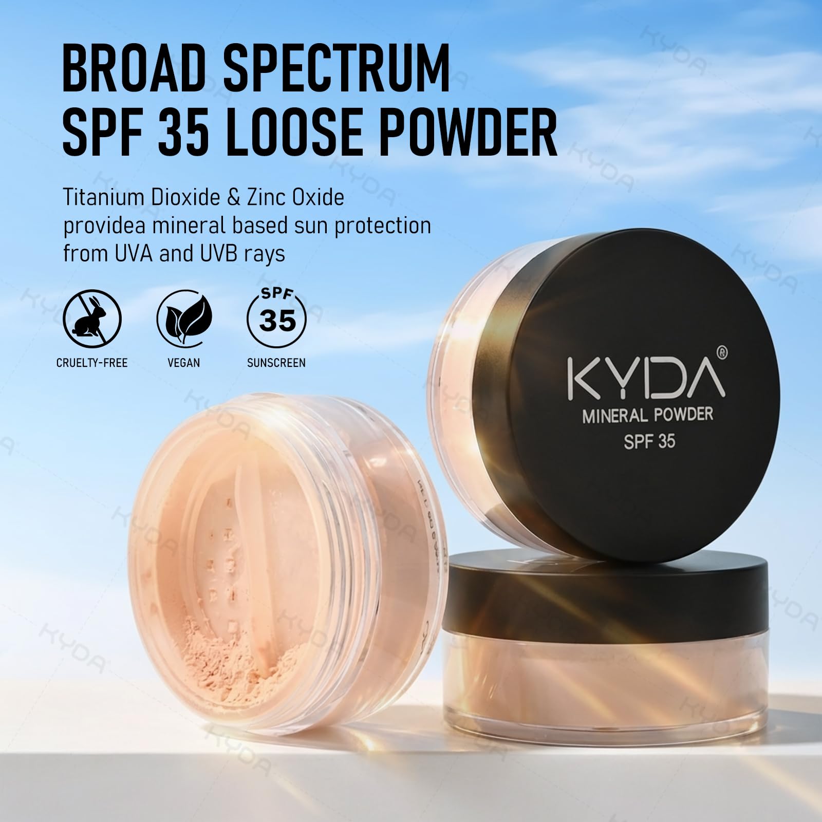 KYDA loose powder close-up highlighting fine texture for smooth blend
