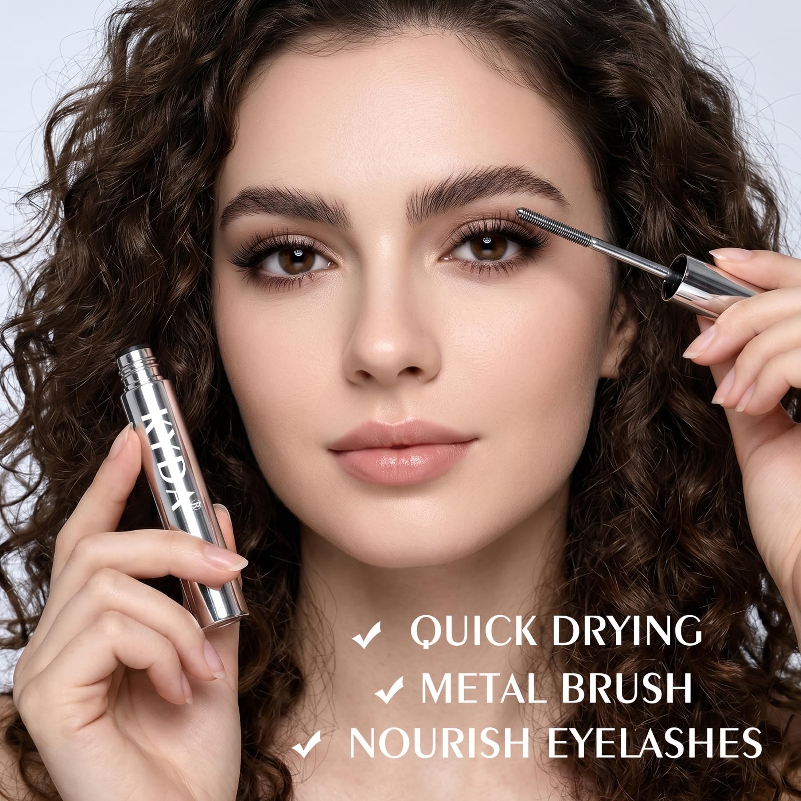 KYDA applying mascara to lashes demonstrating lift and curl setting