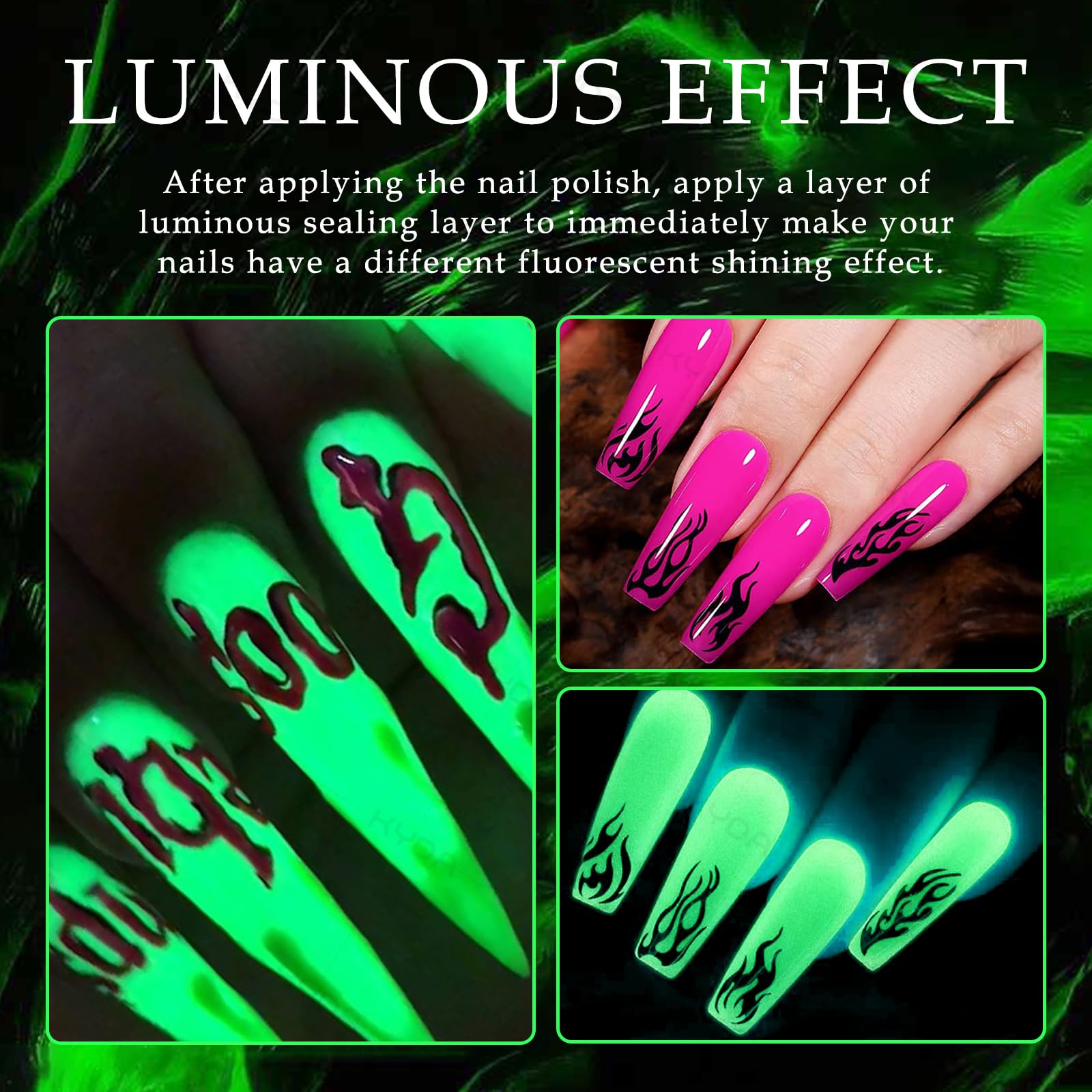 KYDA press-on nails glowing in dark showcasing dramatic fluorescent effect