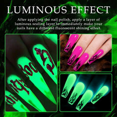 KYDA press-on nails glowing in dark showcasing dramatic fluorescent effect