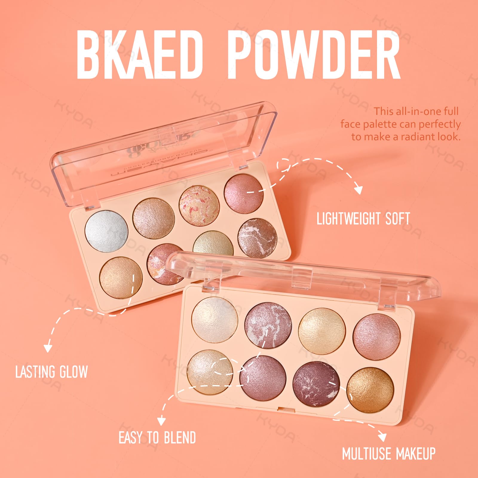 KYDA palette opened displaying eight shades for versatile eyes and face looks