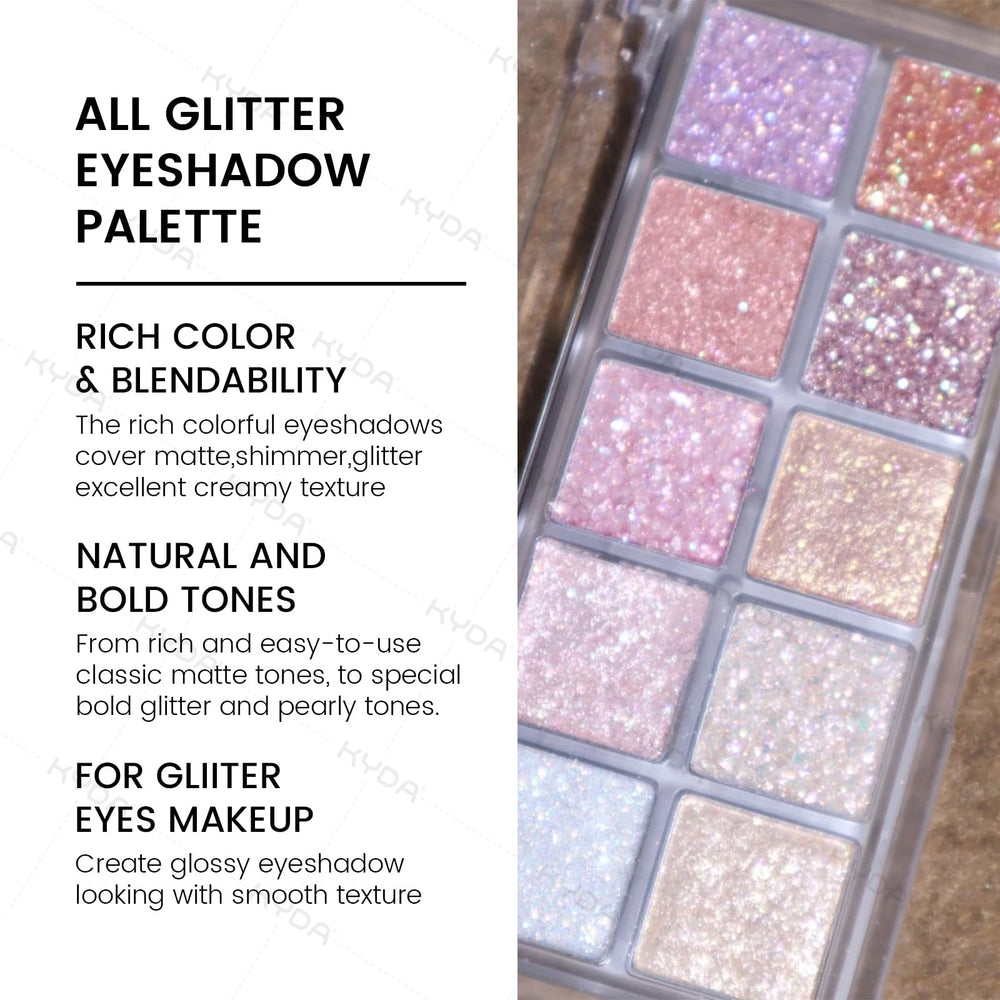 KYDA close-up of glitter pan revealing fine sparkle and rich payoff