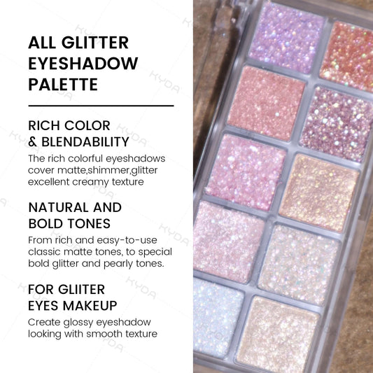 KYDA close-up of glitter pan revealing fine sparkle and rich payoff