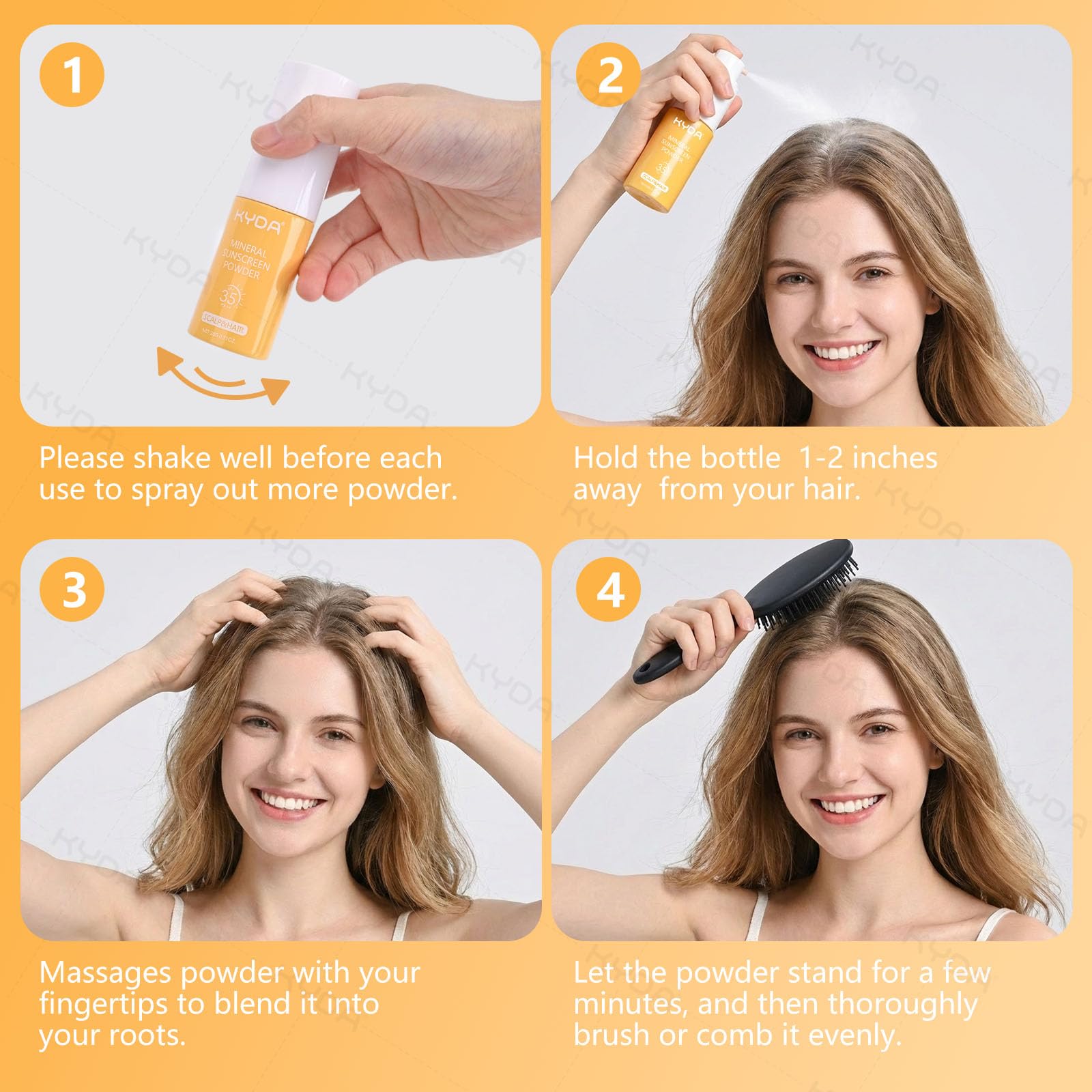KYDA dispensing powder onto fingertips for targeted scalp coverage