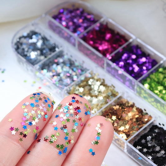 KZBTRBT front packaging showing colorful star glitter set and easy storage benefit