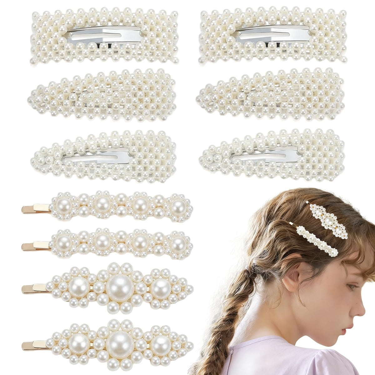 LÉ ÉCLAT front view of ten pearl clips showing set variety and styling options