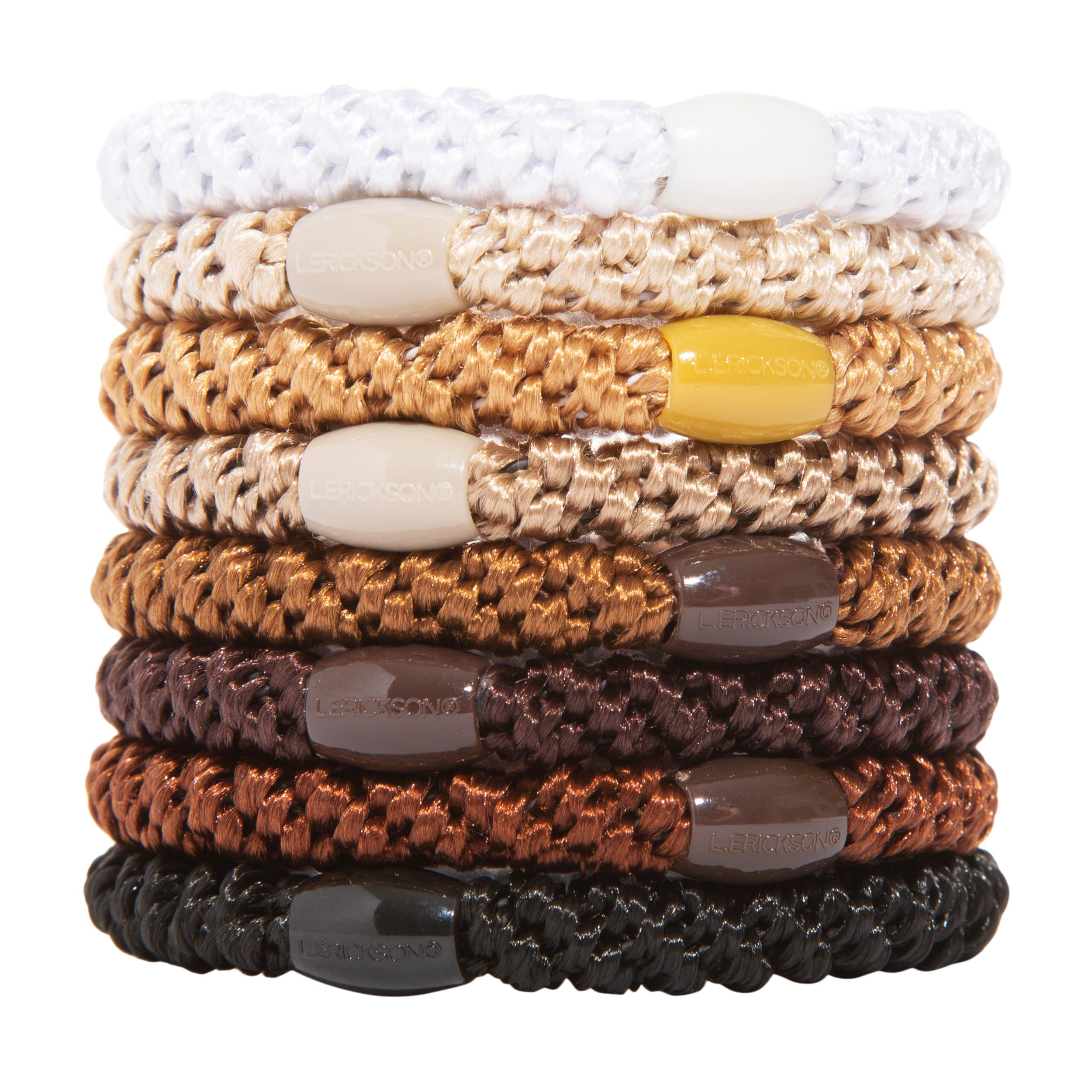 L. Erickson front packaging showing eight camelback hair ties, organized and ready