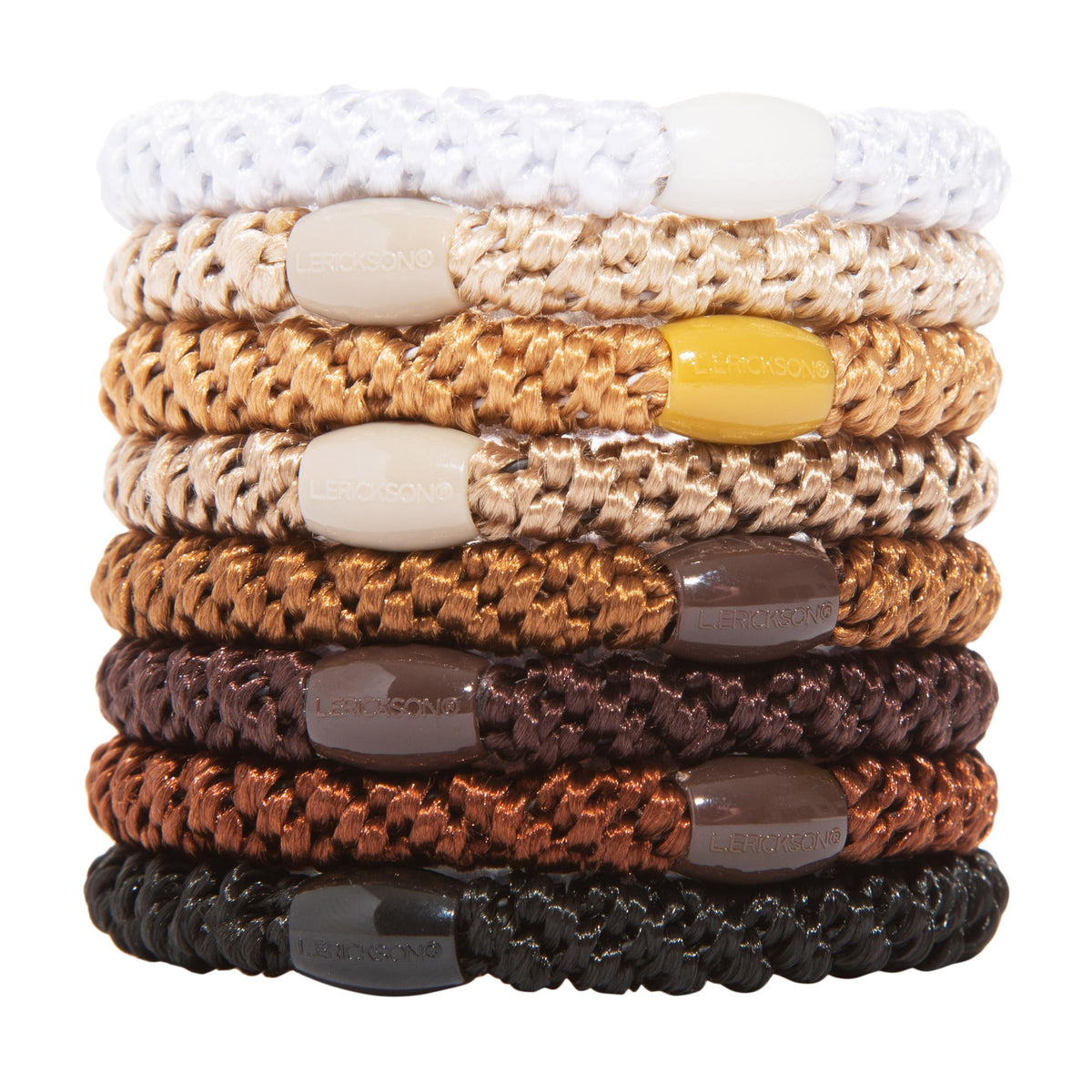 L. Erickson front packaging showing eight camelback hair ties, organized and ready