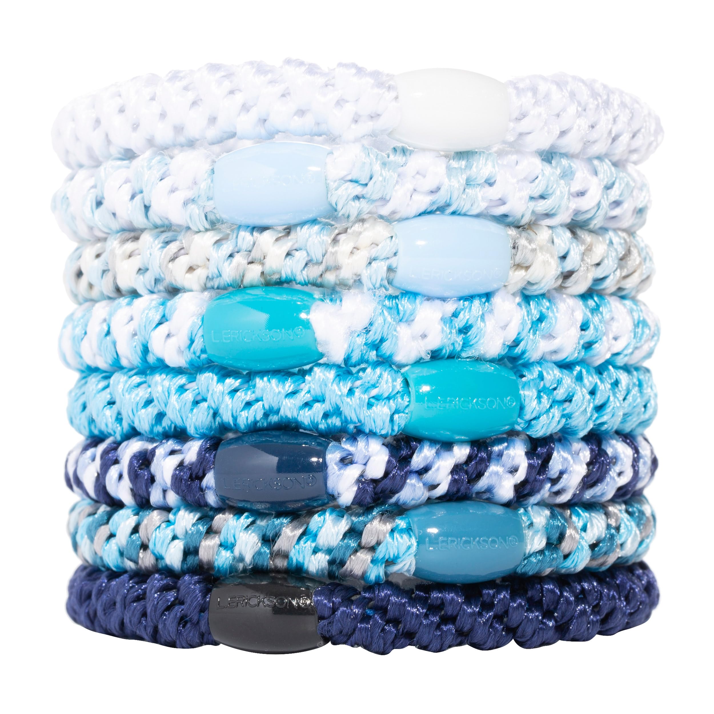 L. Erickson front pack of coastal blue and white hair ties, organized and ready