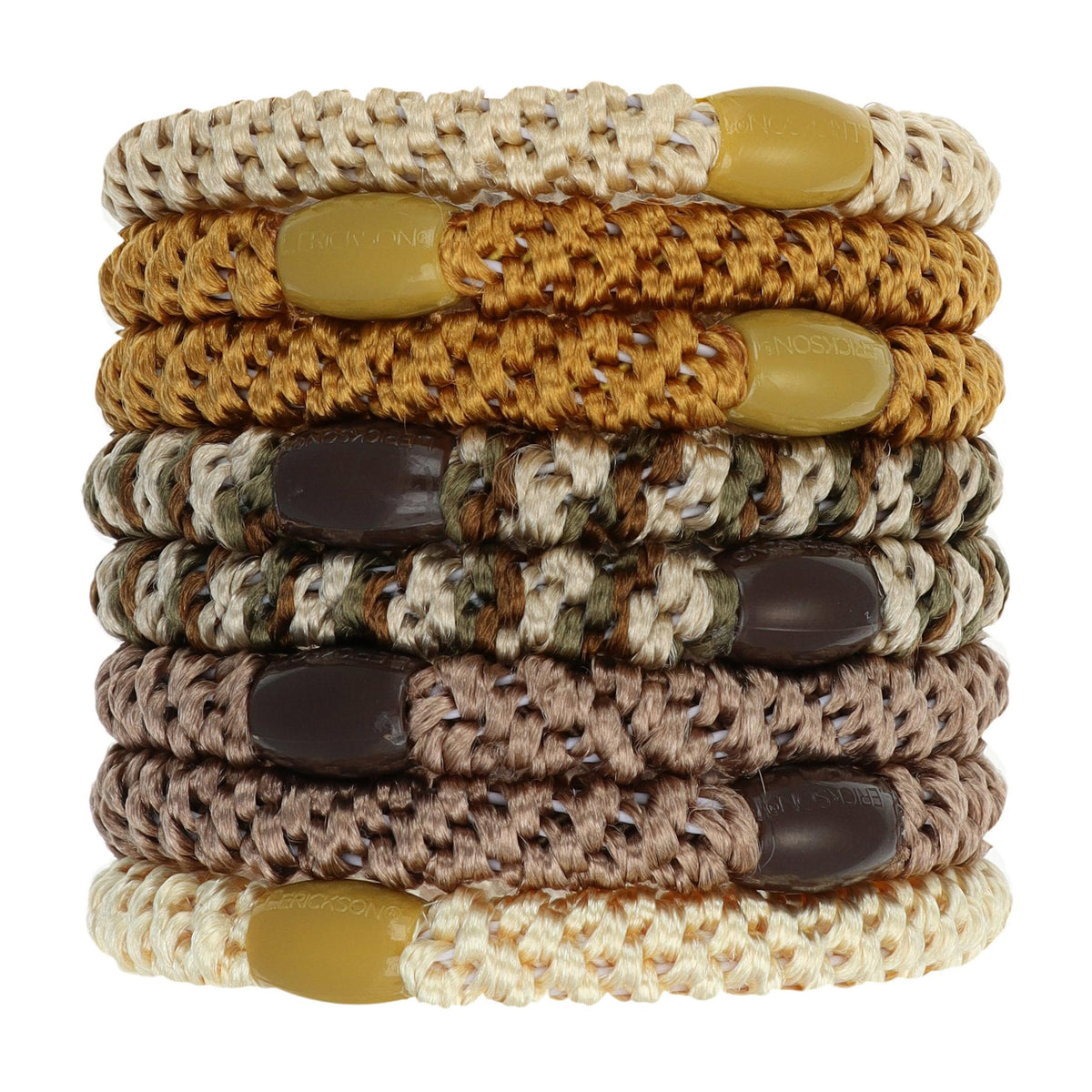 L. Erickson front packaging showing neutral beige and brown hair ties and benefit of organized storage