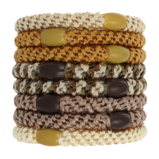 L. Erickson front packaging showing neutral beige and brown hair ties and benefit of organized storage