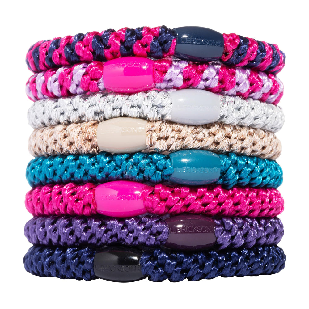 L. Erickson front packaging showing eight berry hair ties and colors, easy selection benefit