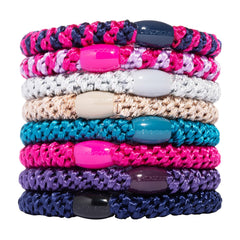 L. Erickson front packaging showing eight berry hair ties and colors, easy selection benefit