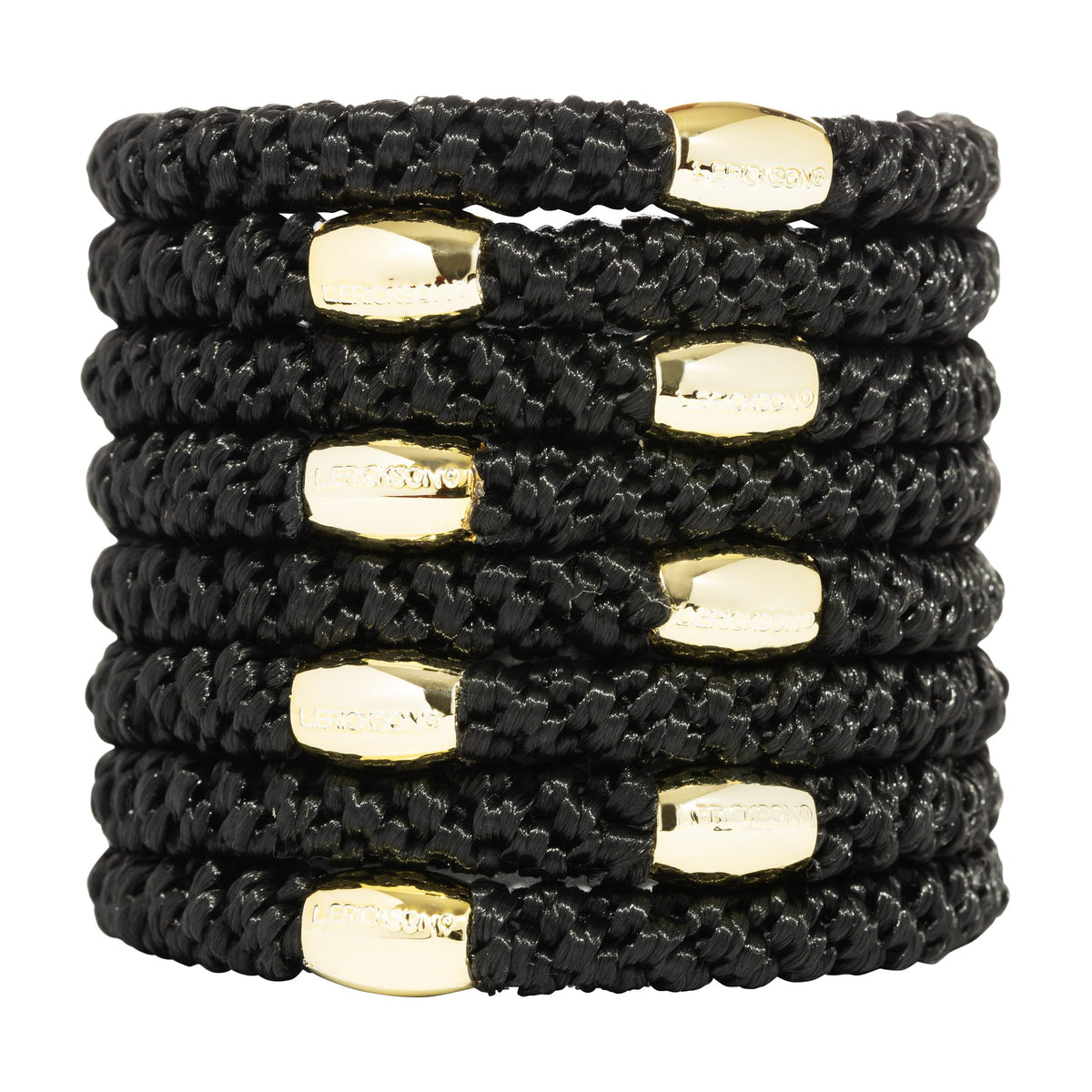 L. Erickson front packaging showing eight black ties and gold bead benefit: stylish and ready
