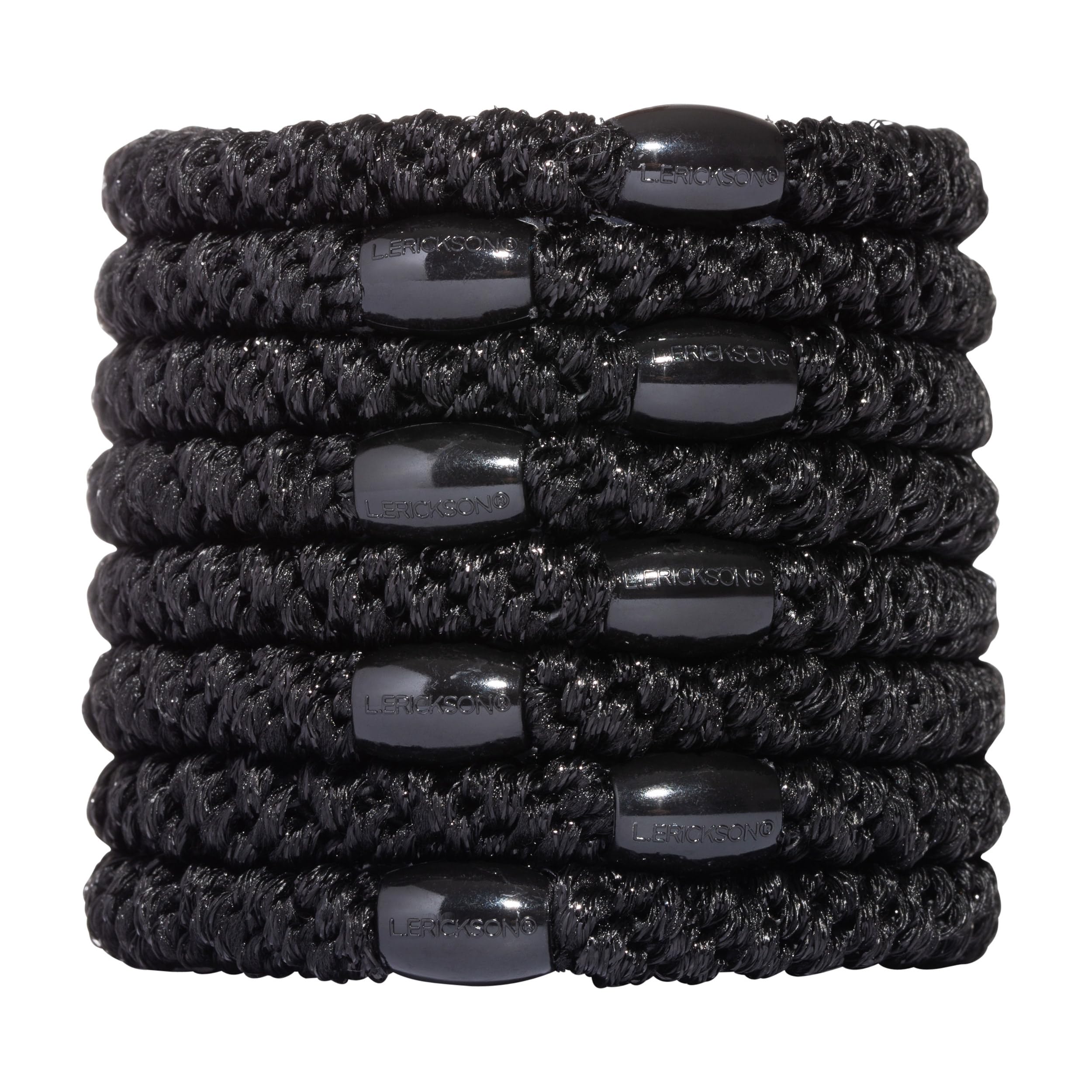 L. Erickson front pack of eight black hair ties showing neat compact set and convenience