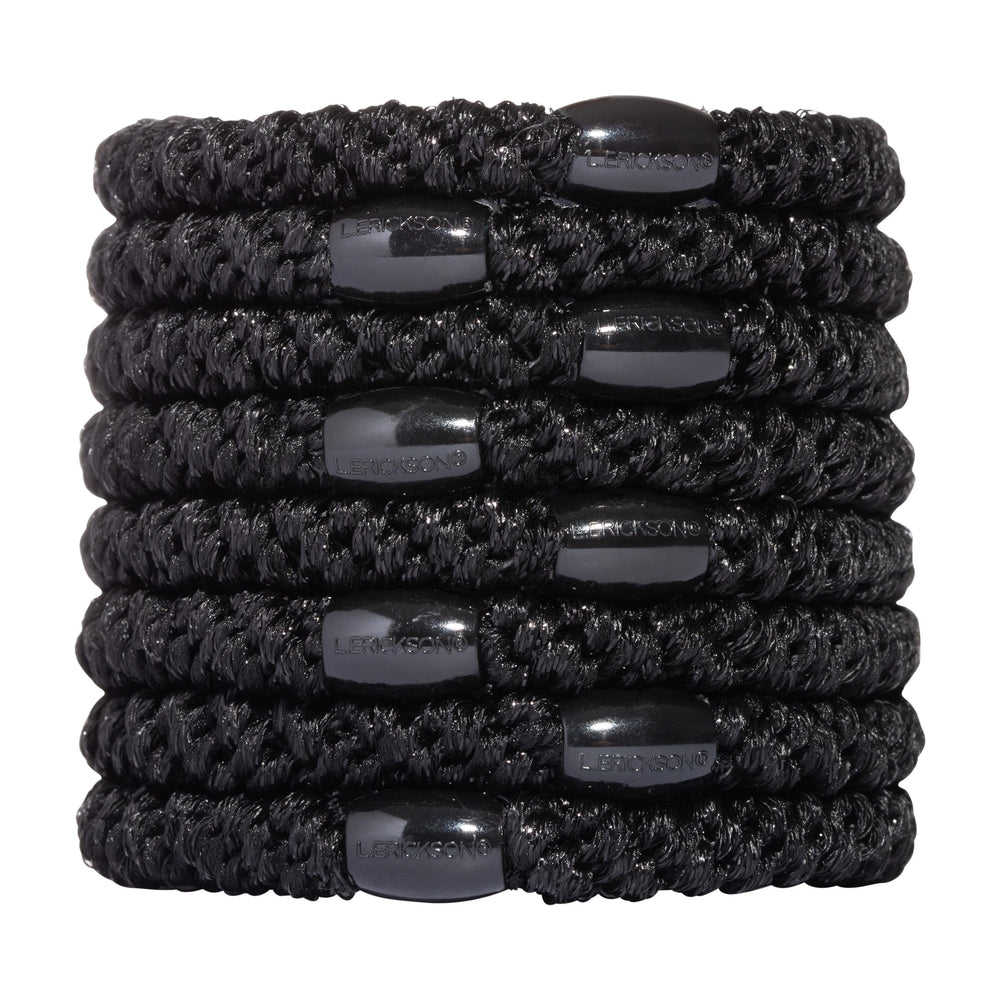 L. Erickson front pack of eight black hair ties showing neat compact set and convenience