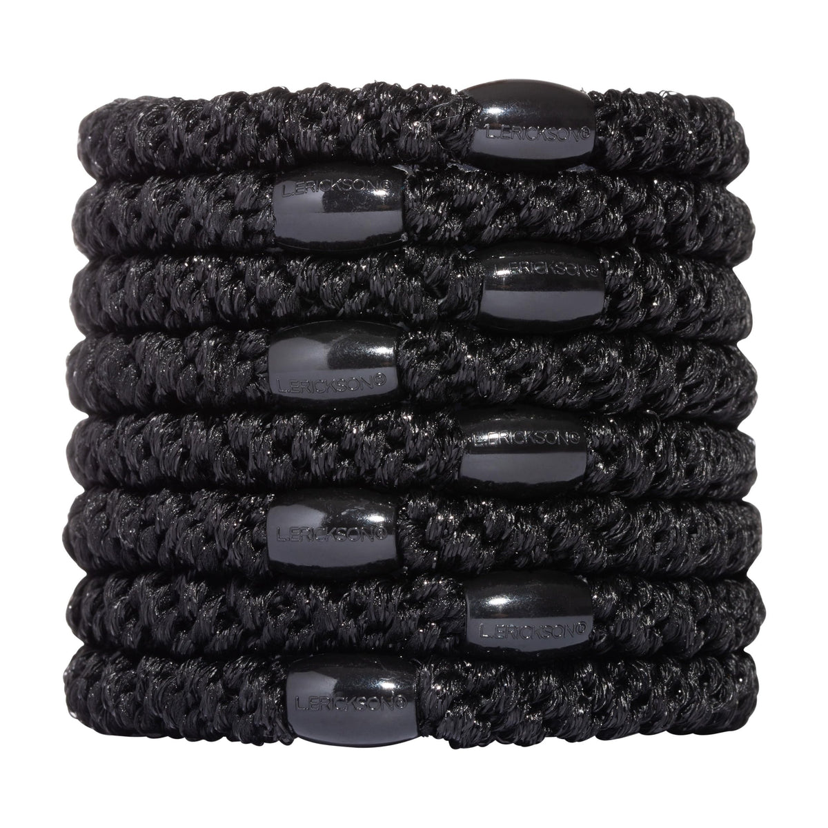 L. Erickson front pack of eight black hair ties showing neat compact set and convenience