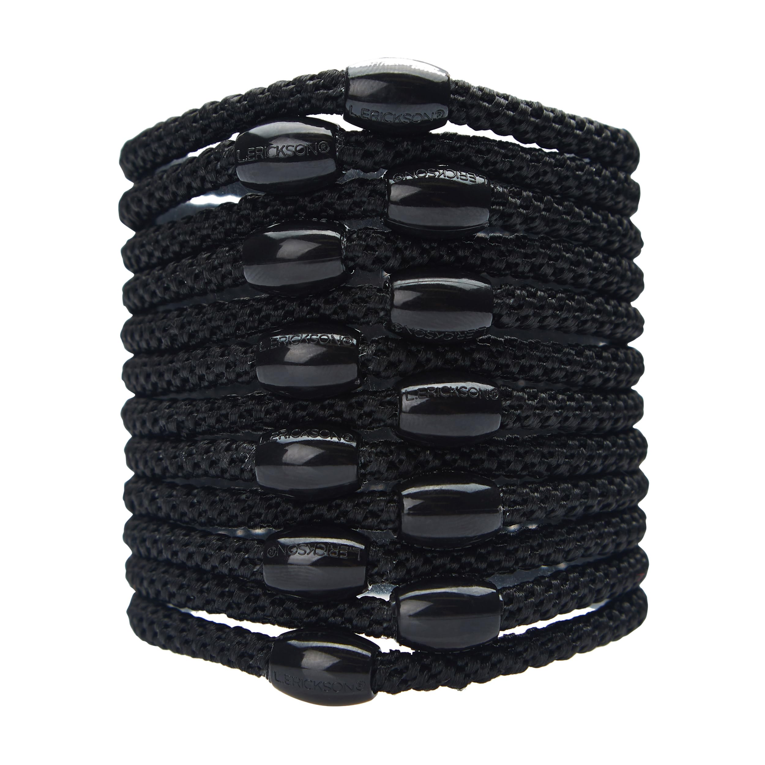 L. Erickson pack of 12 black hair ties showing neat, travel-ready packaging and convenience