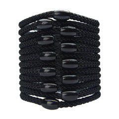 L. Erickson pack of 12 black hair ties showing neat, travel-ready packaging and convenience