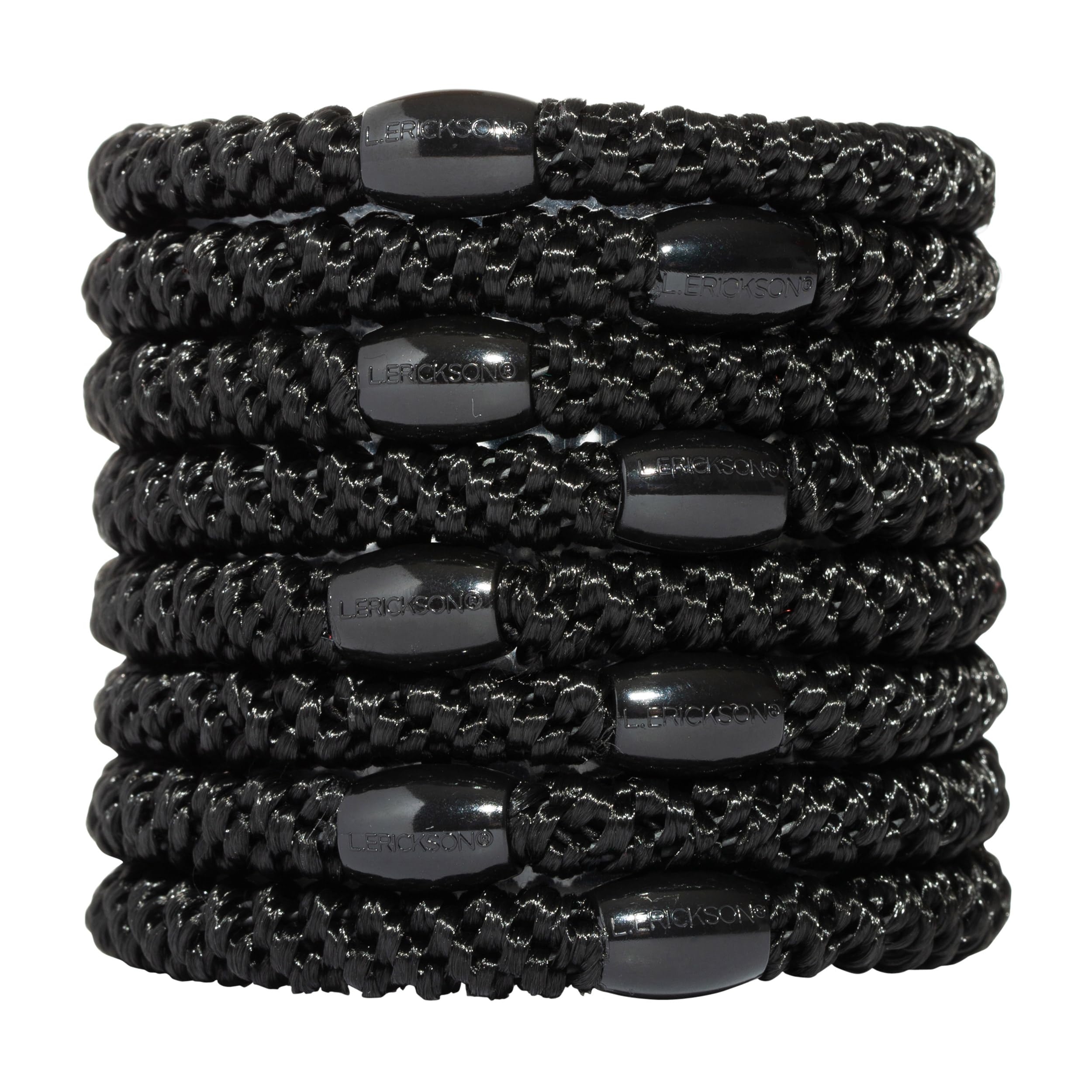 L. Erickson front pack of eight black ponytail holders showing neat packaging and convenience