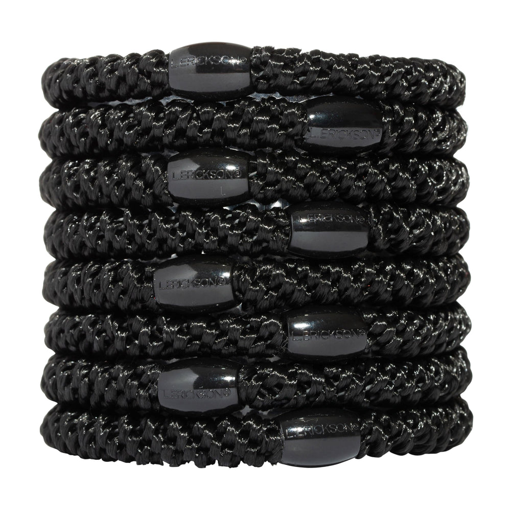 L. Erickson front pack of eight black ponytail holders showing neat packaging and convenience
