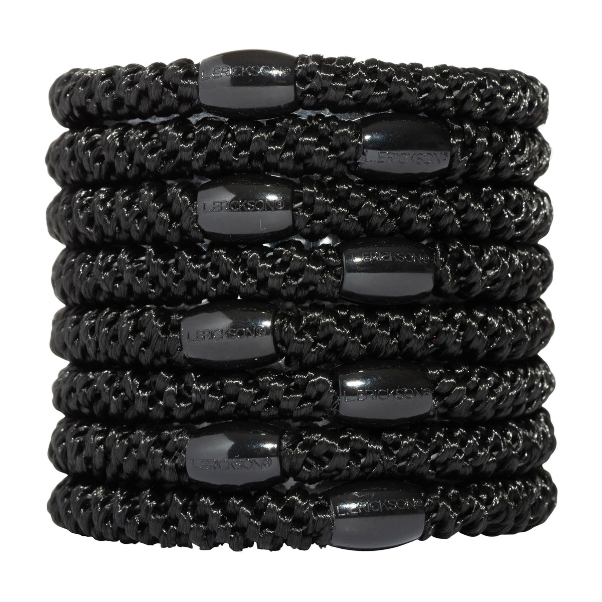 L. Erickson front pack of eight black ponytail holders showing neat packaging and convenience