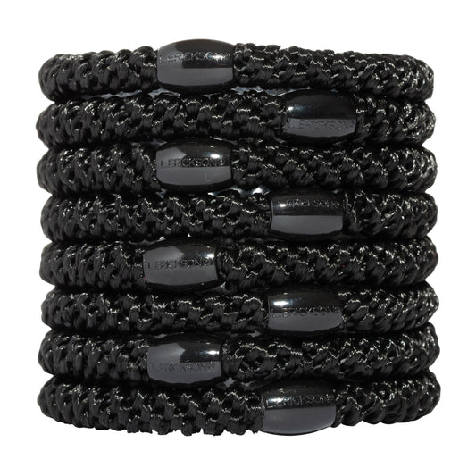 L. Erickson front pack of eight black ponytail holders showing neat packaging and convenience