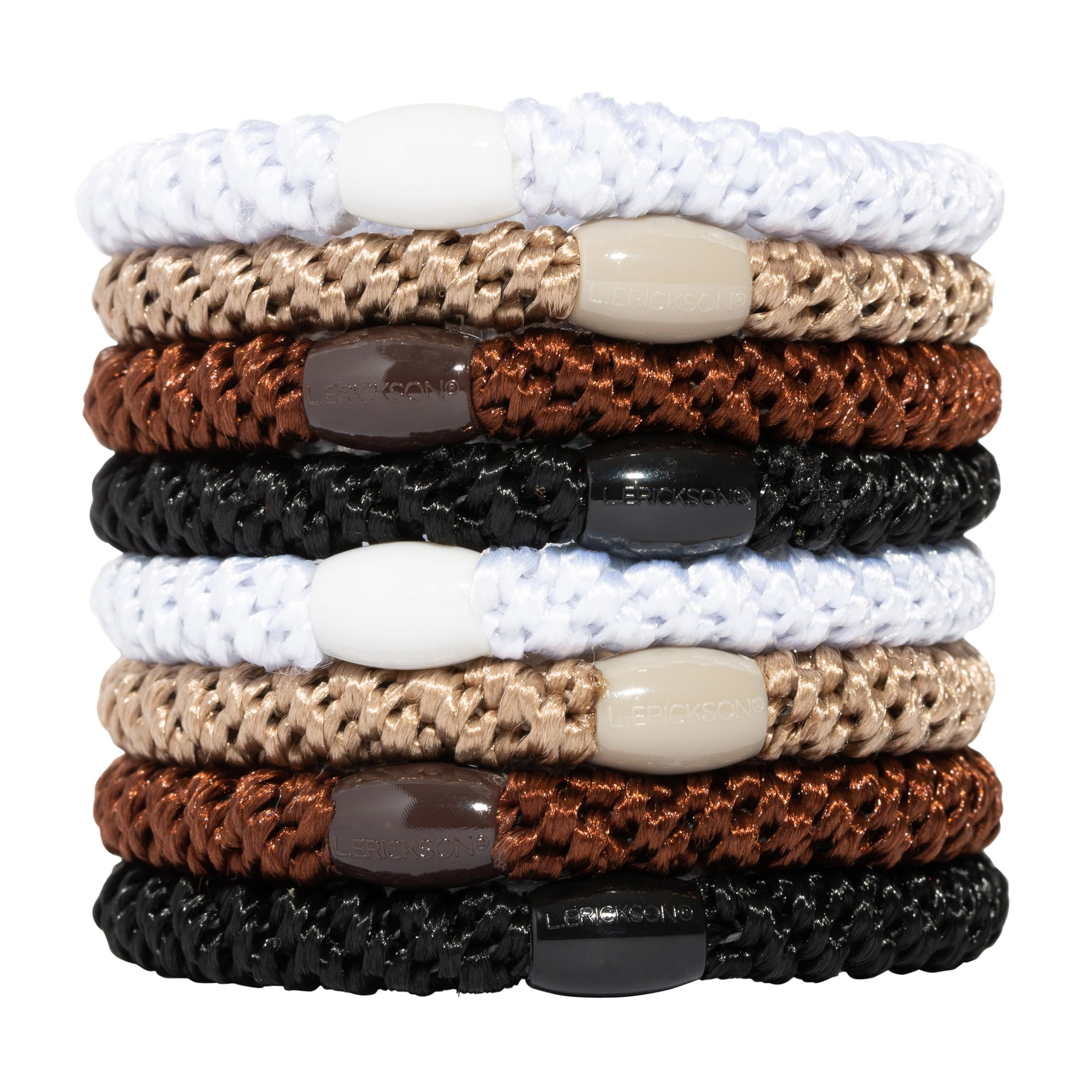 L. Erickson front packaging showing brown hair ties and 8-pack convenience