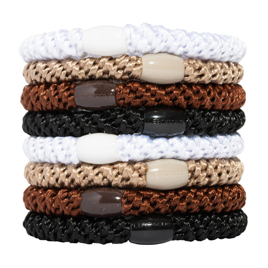 L. Erickson front packaging showing brown hair ties and 8-pack convenience