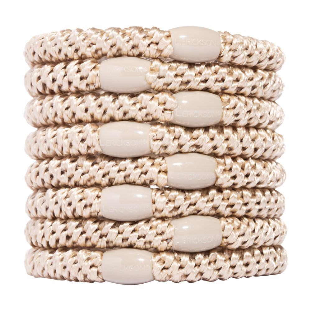 L. Erickson front packaging showing eight camel beige hair ties and neat presentation
