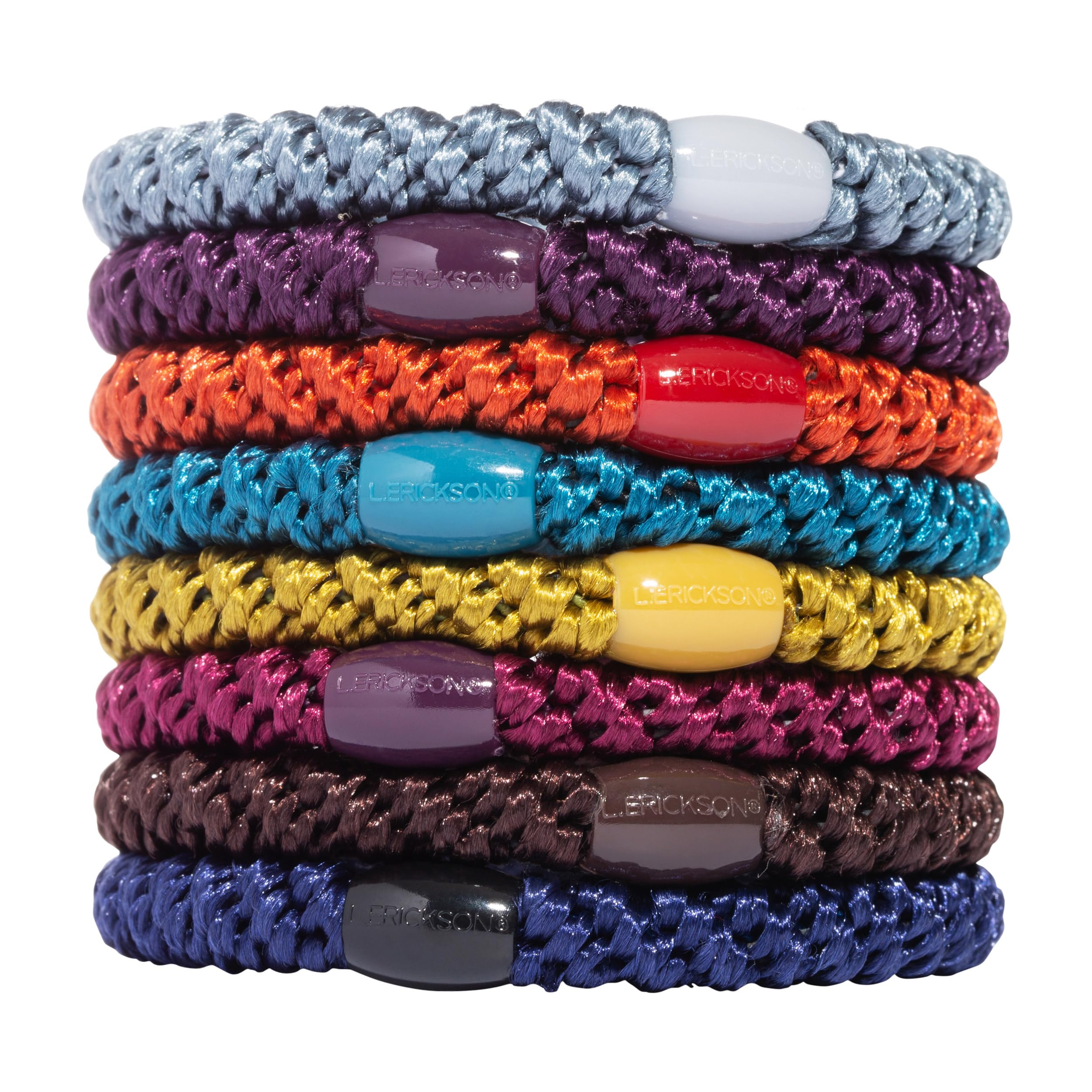 L. Erickson front pack showing eight fall-colored hair ties and neat packaging benefit convenience