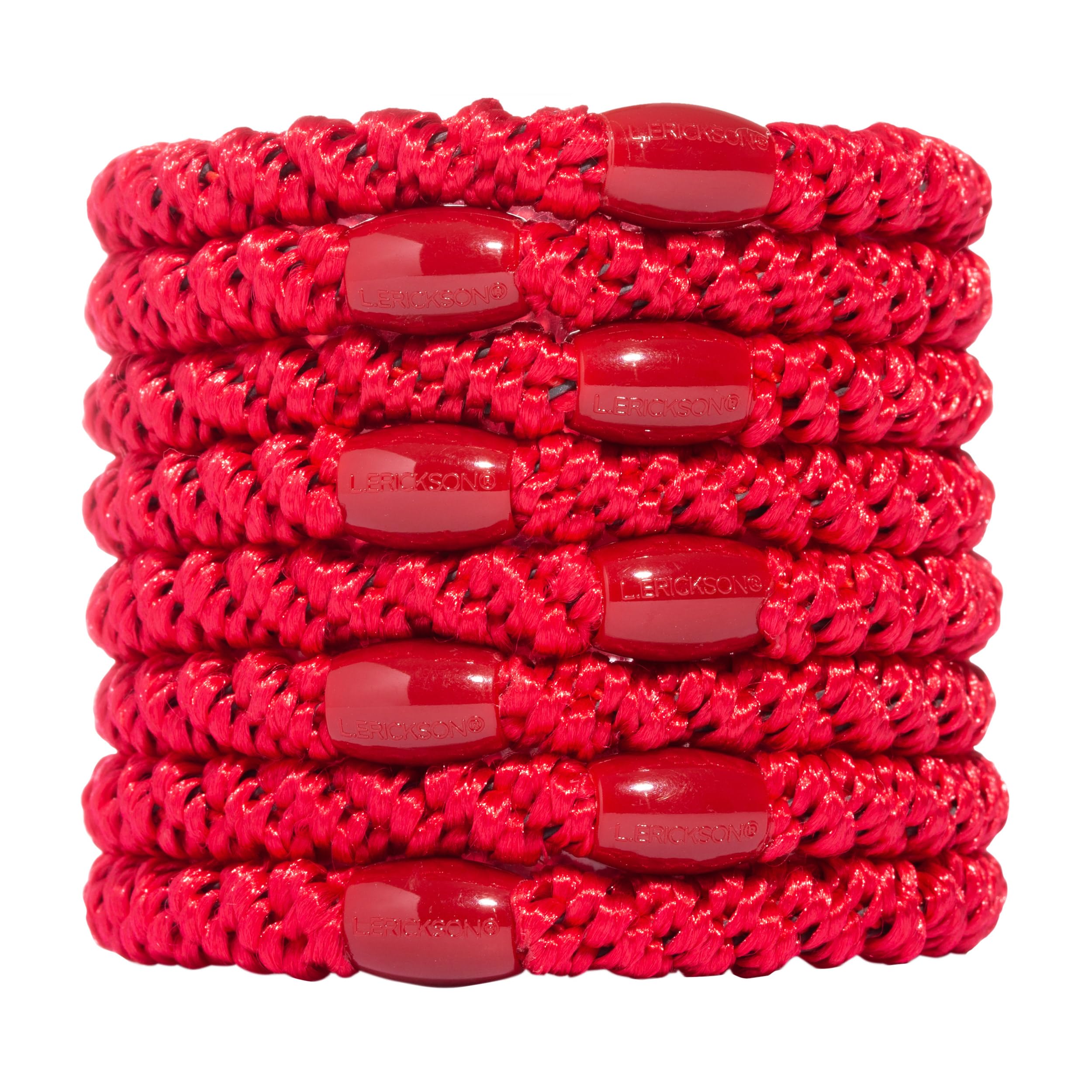 L. Erickson front packaging showing eight red hair ties for easy selection